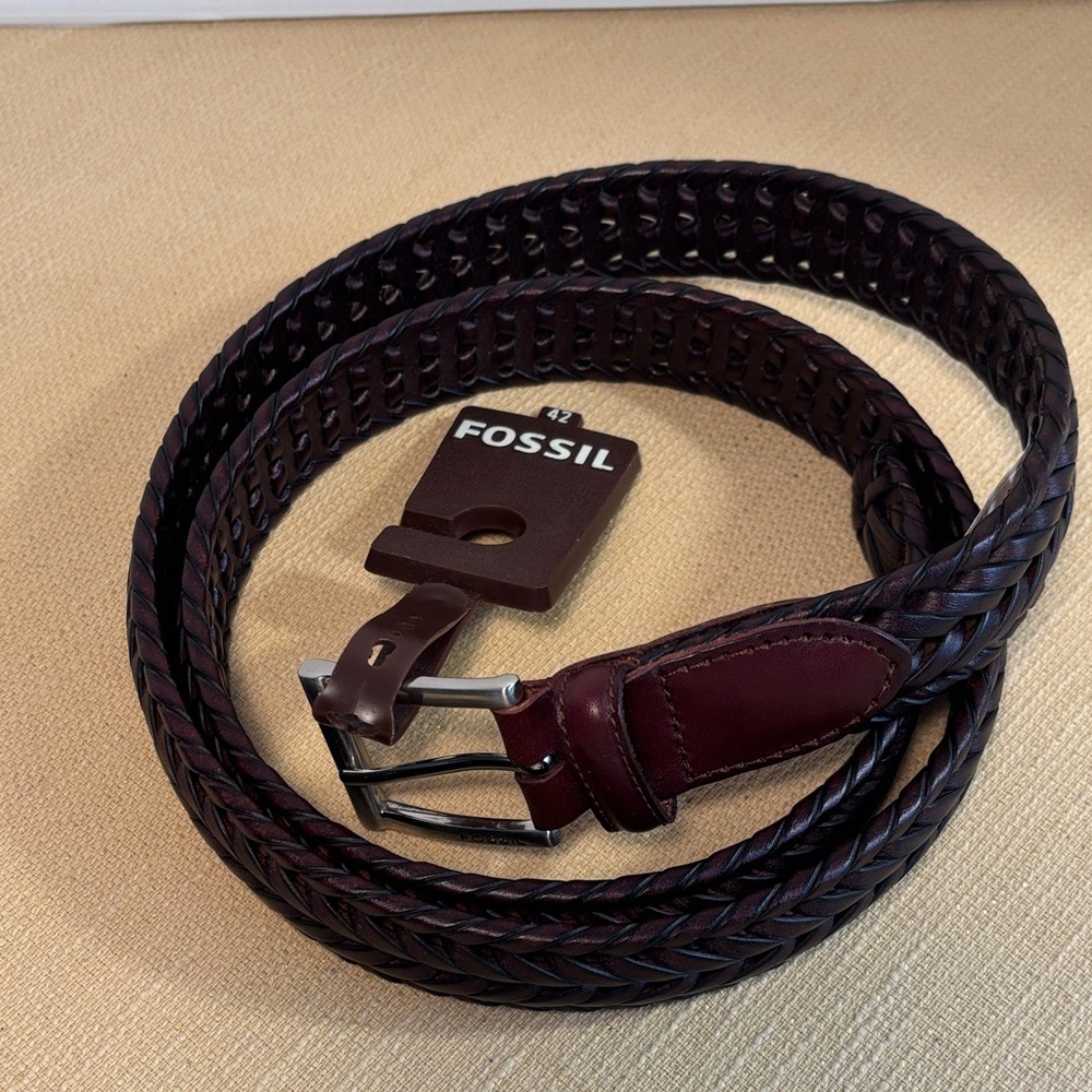 Fossil Men's Braided Leather Belt in Dark Brown Sz 42 NWT